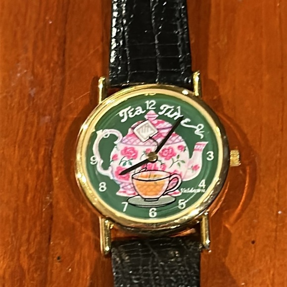 Tea Time Pop Art Tea Pot Watch Genuine Black Leather Strap Watch Gold Accents - Picture 6 of 12